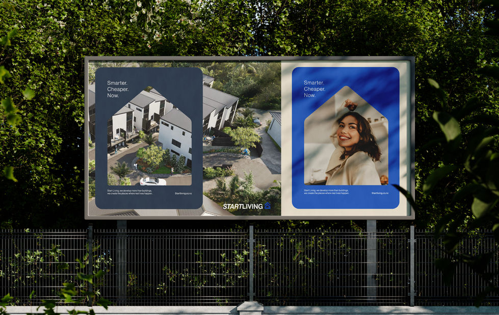 Two billboards: Smart, Cheaper, Now, with Comfy Living and a woman.