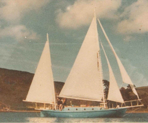 Light blue Sail Barbary Yacht with full sails at sea