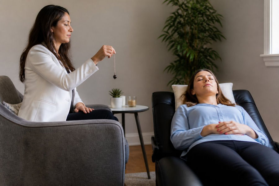 Professional hypnotherapist working with client in calm, softly lit clinical setting with comfortable seating and peaceful atmosphere