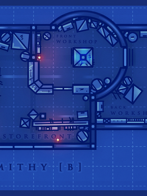 A blue-tinted map, like a blueprint, that features a slightly detailed building layout of a smithy, with various furnishings like crates, shelves, anvils, and beds, etc.