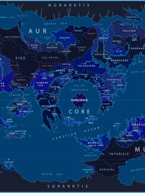 A map featuring a futuristic sci-fi world dominanted by mega corporations. The world's cities are so big, they cover entire nations' worth of territory, as is also shown in the map