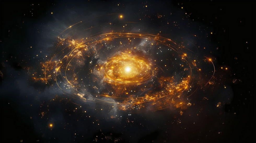 A captivating cosmic scene illustrating the solar system amidst a celestial whirlwind of golden hues, symbolizing the balance and harmony of the equinox.