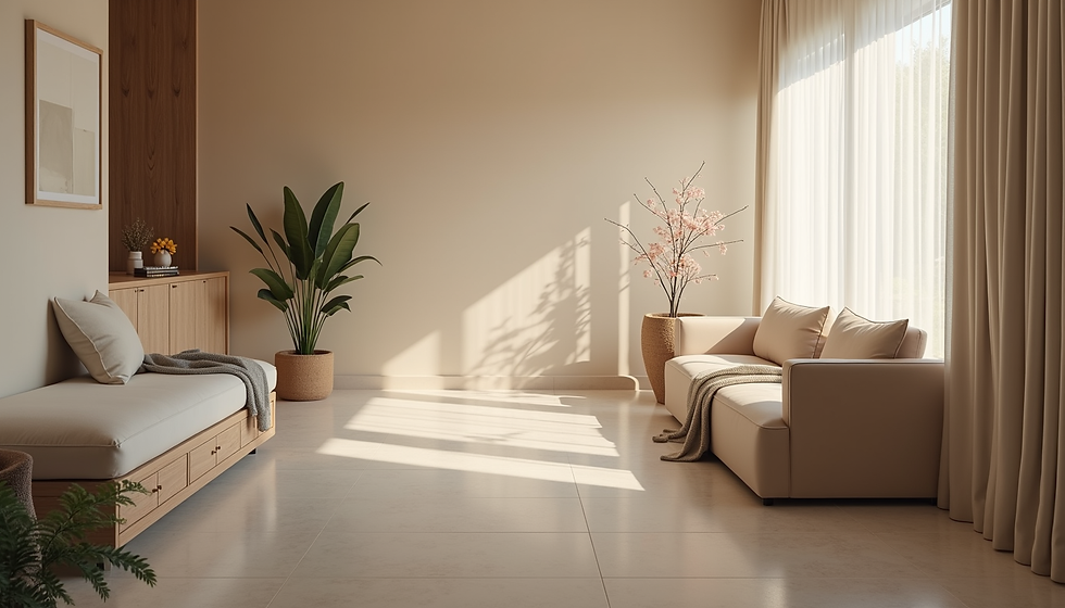A cream colored room with a beige couch in front of curtain covered windows. Sun light falls on the walls and floor. There are two potted plants, one with green leaves and the other with pink blossoms.