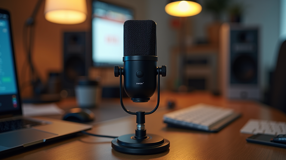Close-up view of a professional microphone setup on a desk