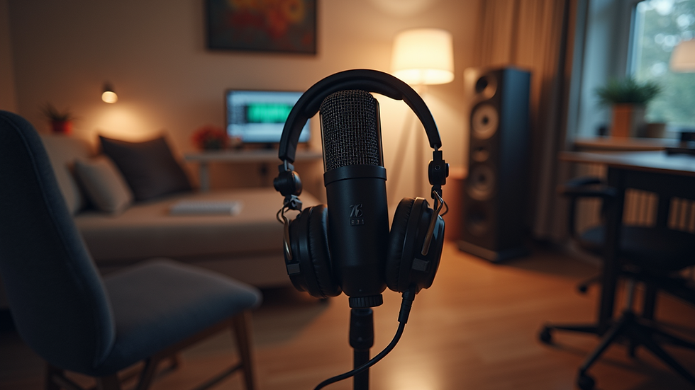 Eye-level view of a home recording studio with microphone and headphones