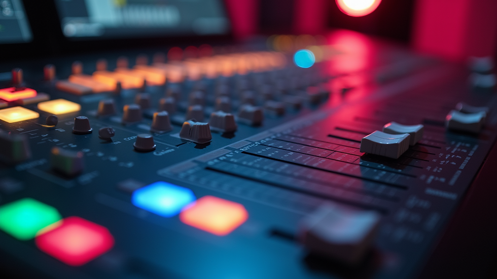 Close-up view of a sound mixing console with audio levels