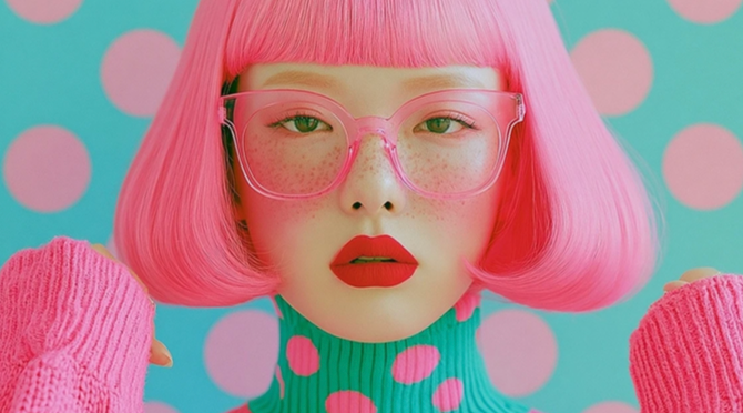 Woman with pink hair, glasses, and polka dot background