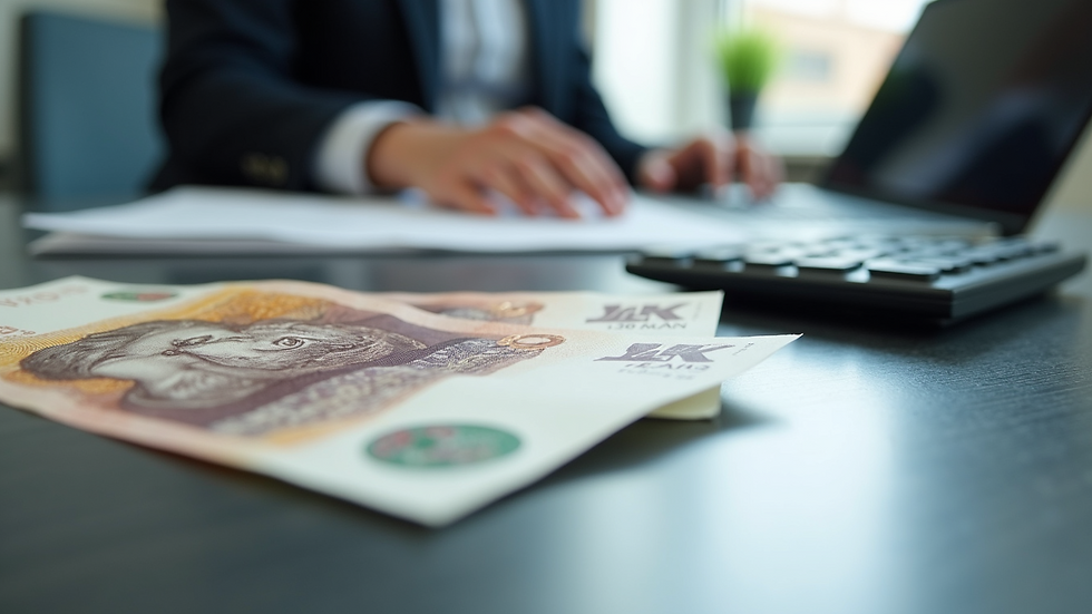 Close-up view of UK currency notes and a calculator on a desk