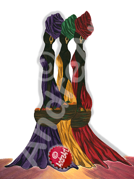 Three African women gracefully walking together holding baskets.