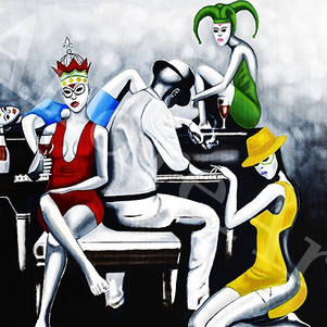 Piano Bar-  African Ebony Giclee Prints- Paintings by Human Ebony Ethnic Oil Paintings- American African Art Giclee Prints for Sale