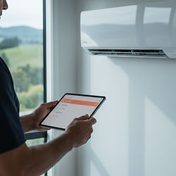 A person holding a tablet next to a heat pump