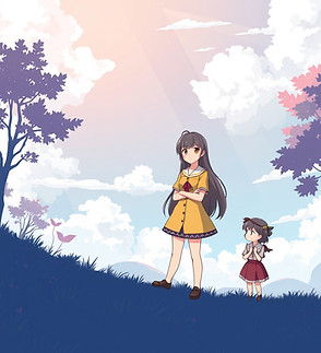 Give me a scene with two or three anime characters. The scene is large and the characters