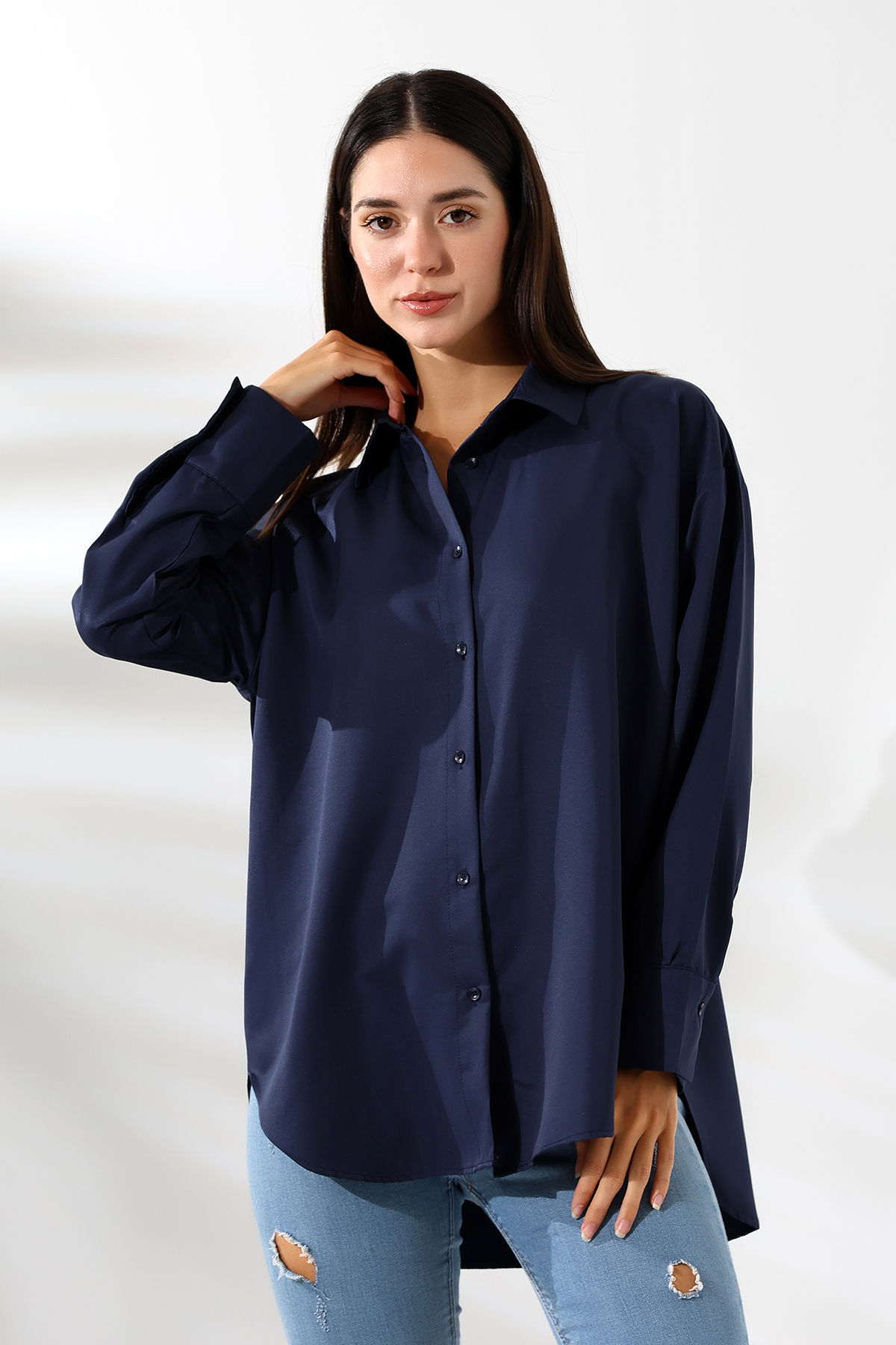 Union and Joy Mikro Saten Lacivert Kadın Gömlek