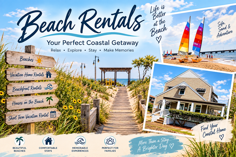 Beach rentals with a coastal boardwalk, beach house, sailing activities, and beachfront scenery.