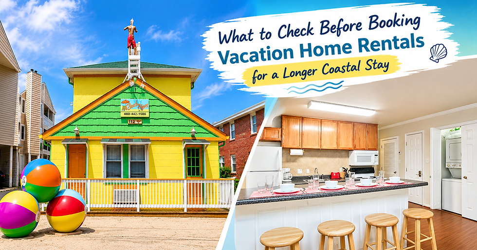 Colorful vacation home rental with coastal cottage and furnished kitchen for a longer stay