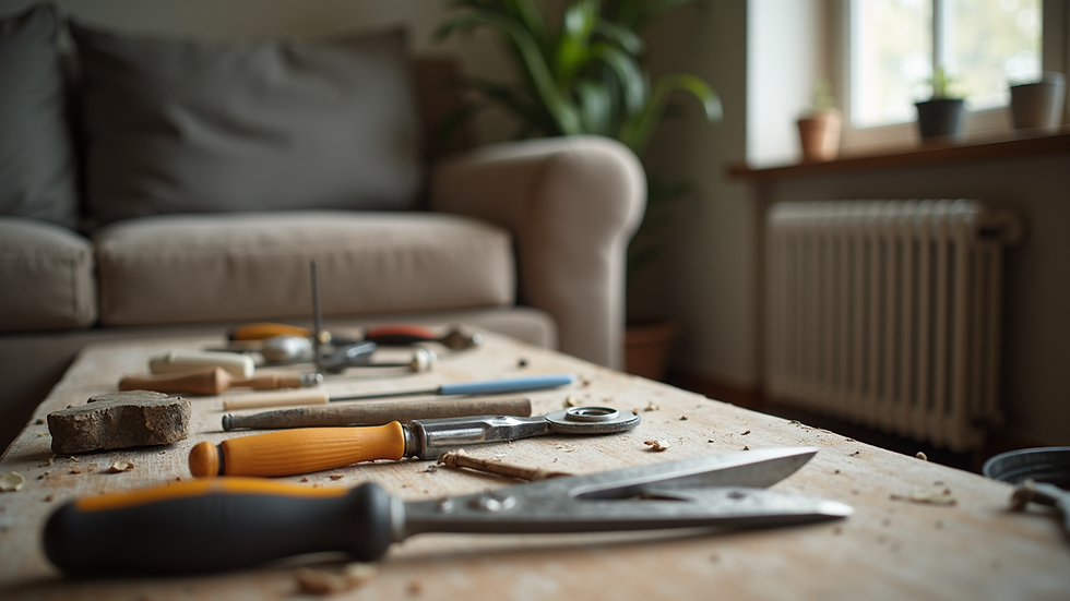 close-up view of tools and materials for sofa refurbishment