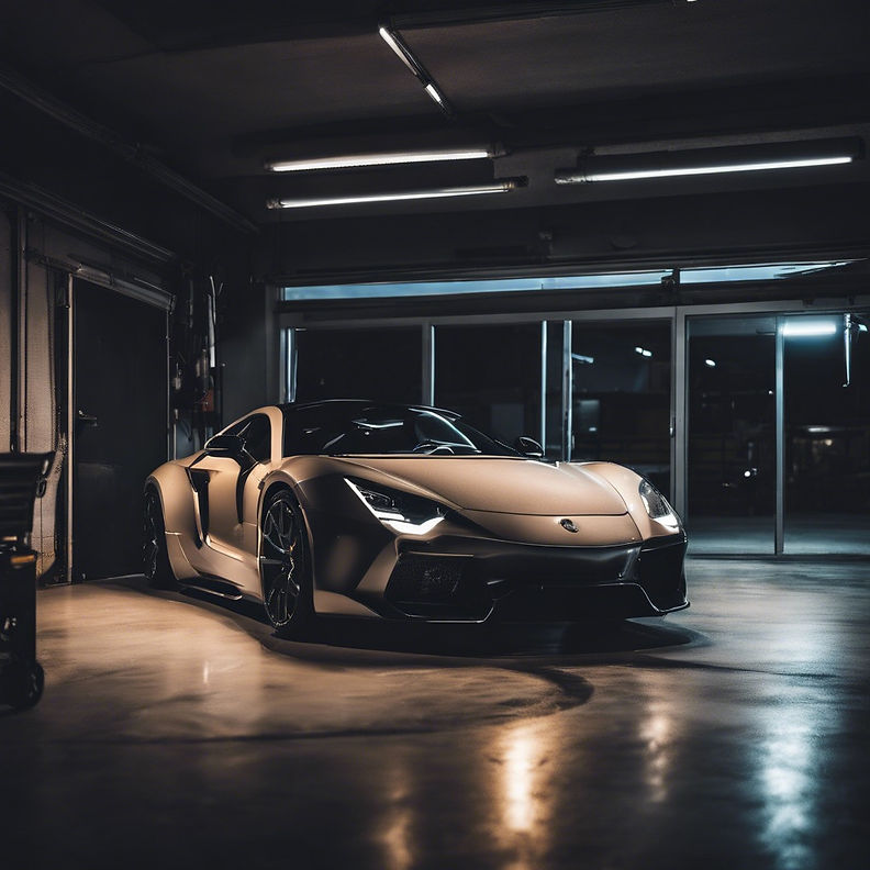 Sports car parked inside a showroom at night.