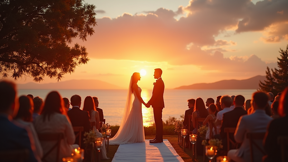 Wide angle view of a breathtaking sunset over a wedding ceremony