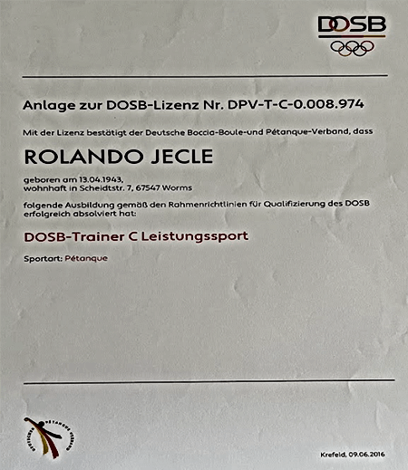 Petanque Trainer C Lizenz DOSB Leistungssport 1998 Rolando Jecle