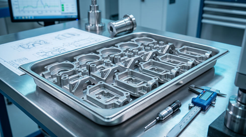 Metal casting components in a tray during quality inspection