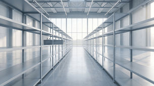 Bright component warehouse with long rows of steel racking and one storage bin pulled out, illustrating vendor managed inventory for industrial components