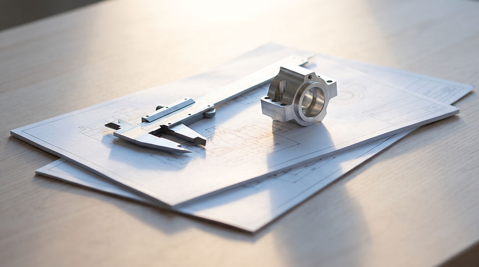 Caliper and machined metal component on engineering blueprints on a sunlit desk, suggesting precision design.
