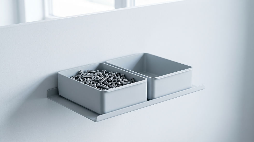 Industrial VMI bins for consignment stock on a shelf.