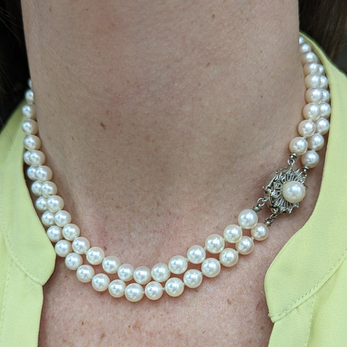 14kt White Gold Diamond and Double Strand Pearl Necklace Estate