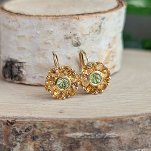 14kt Yellow Gold Peridot and Citrine Halo Leverback Earrings