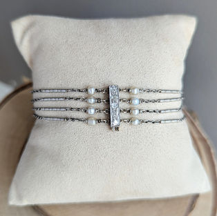 Mid-Century Platinum Old Mine cut Diamond and Pearl Bracelet, .30ctw, 7"