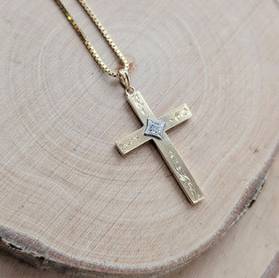 14kt Two-tone Carved Single cut Diamond Cross Pendant 