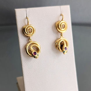 Victorian 14kt Yellow Gold Ruby and Emerald Snake Earrings