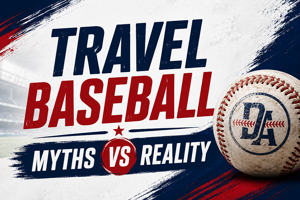 Travel Baseball graphic with "MYTHS VS REALITY" text, featuring a baseball with "DA" logo. Red, white, and blue splashes in background.