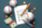 Baseballs, bat, checklist, pen, cash, and coins on a teal background. Sporting and financial planning theme.