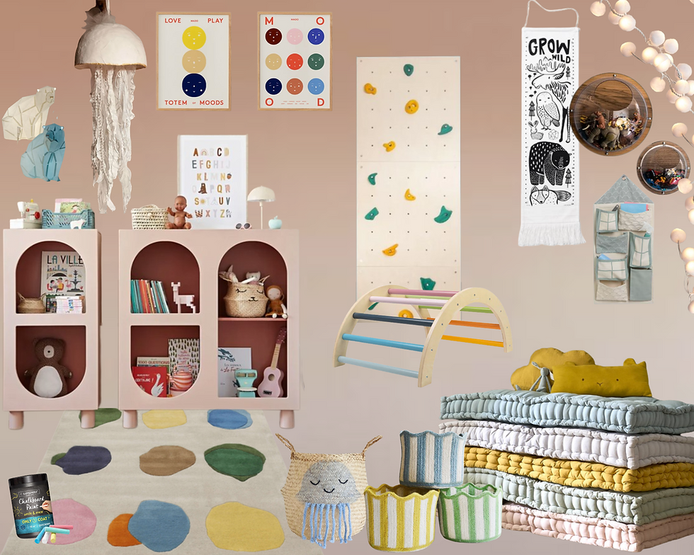 Moodboard design for a childrens playroom. Pink walls, colourful art work, curved shape furniture, comfortable floor mattresses, colourful woven baskets, light wood features