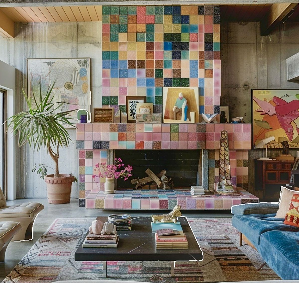 Colourful tiled fireplace with art, books, and plants. Plush blue sofa and patterned rug create a cozy, artistic living room setting.