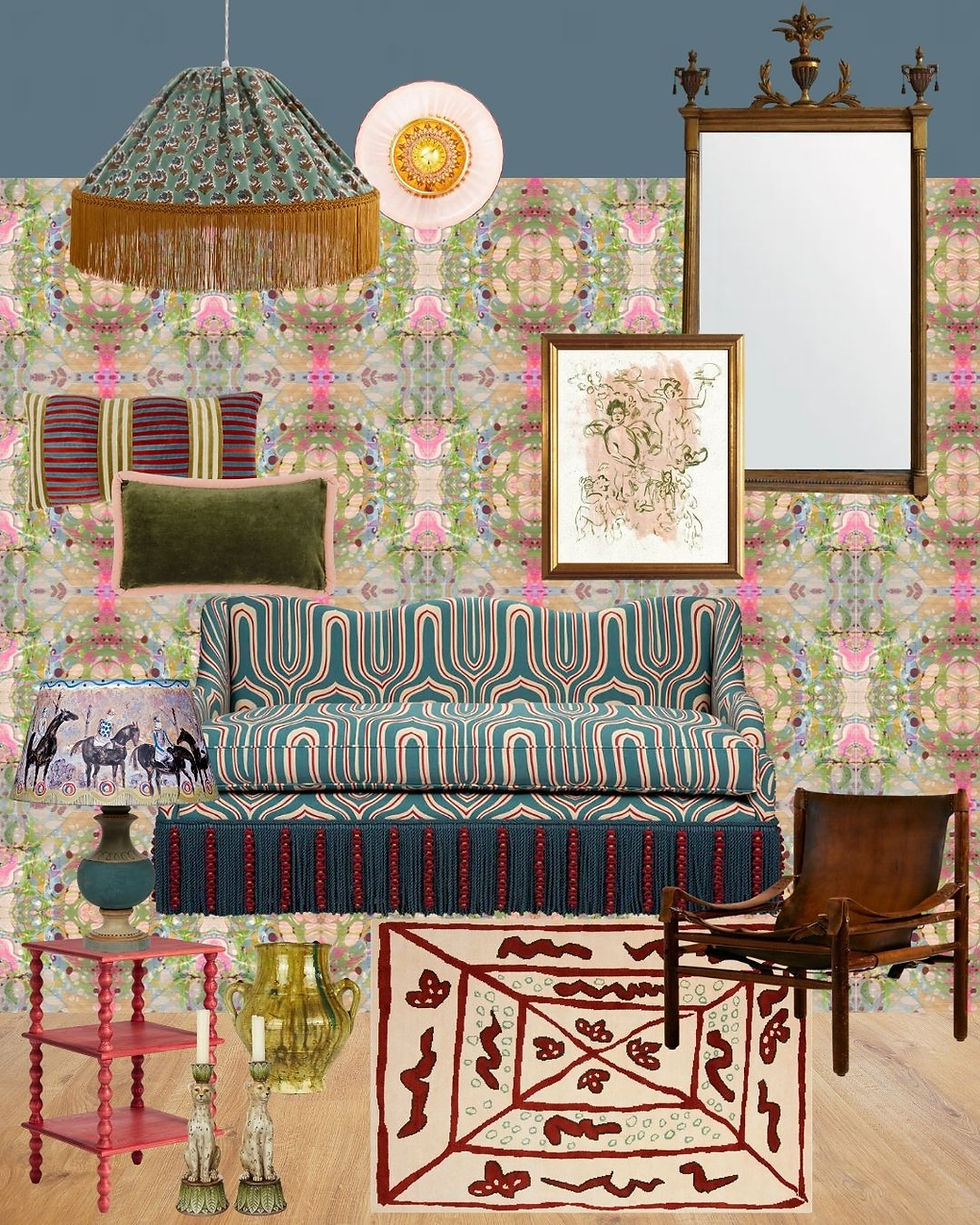 Maximalist mood board for 2026 interior design trends, focusing on pattern play