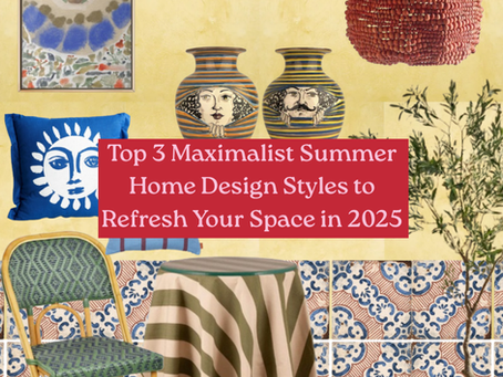 Collage of bold maximalist summer interior elements including abstract art prints, a red beaded pendant light, striped tablecloth, patterned chair, Mediterranean tiles, and striped ceramic vases — styled to represent three distinct summer home design styles for 2025