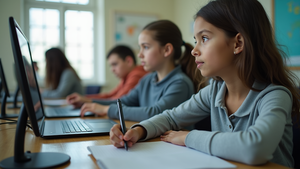 Eye-level view of a classroom with students engaged in a digital learning activity