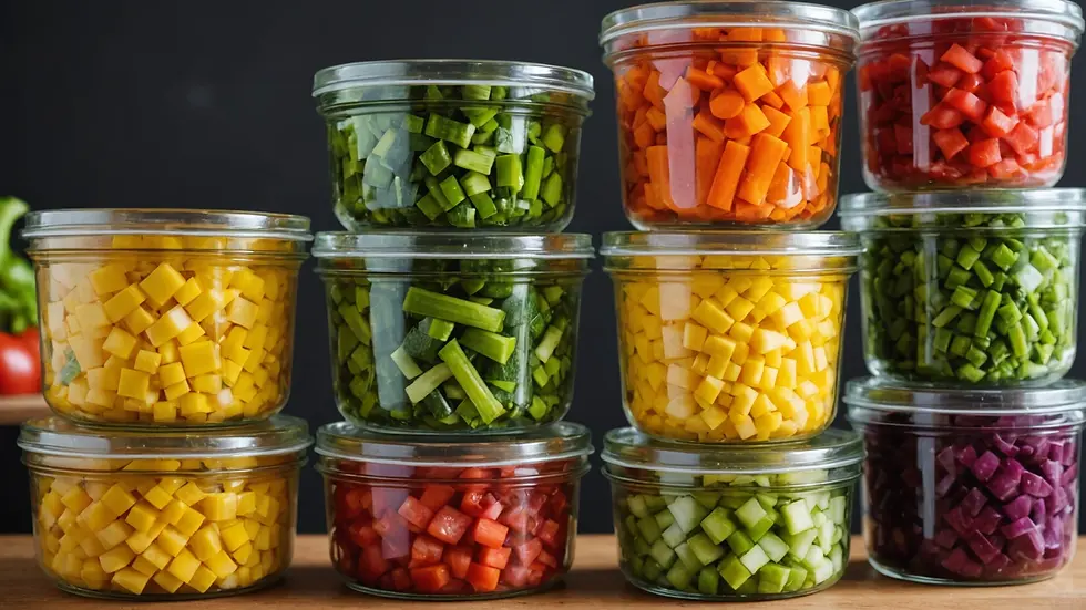 Close-up view of colorful chopped vegetables in glass containers