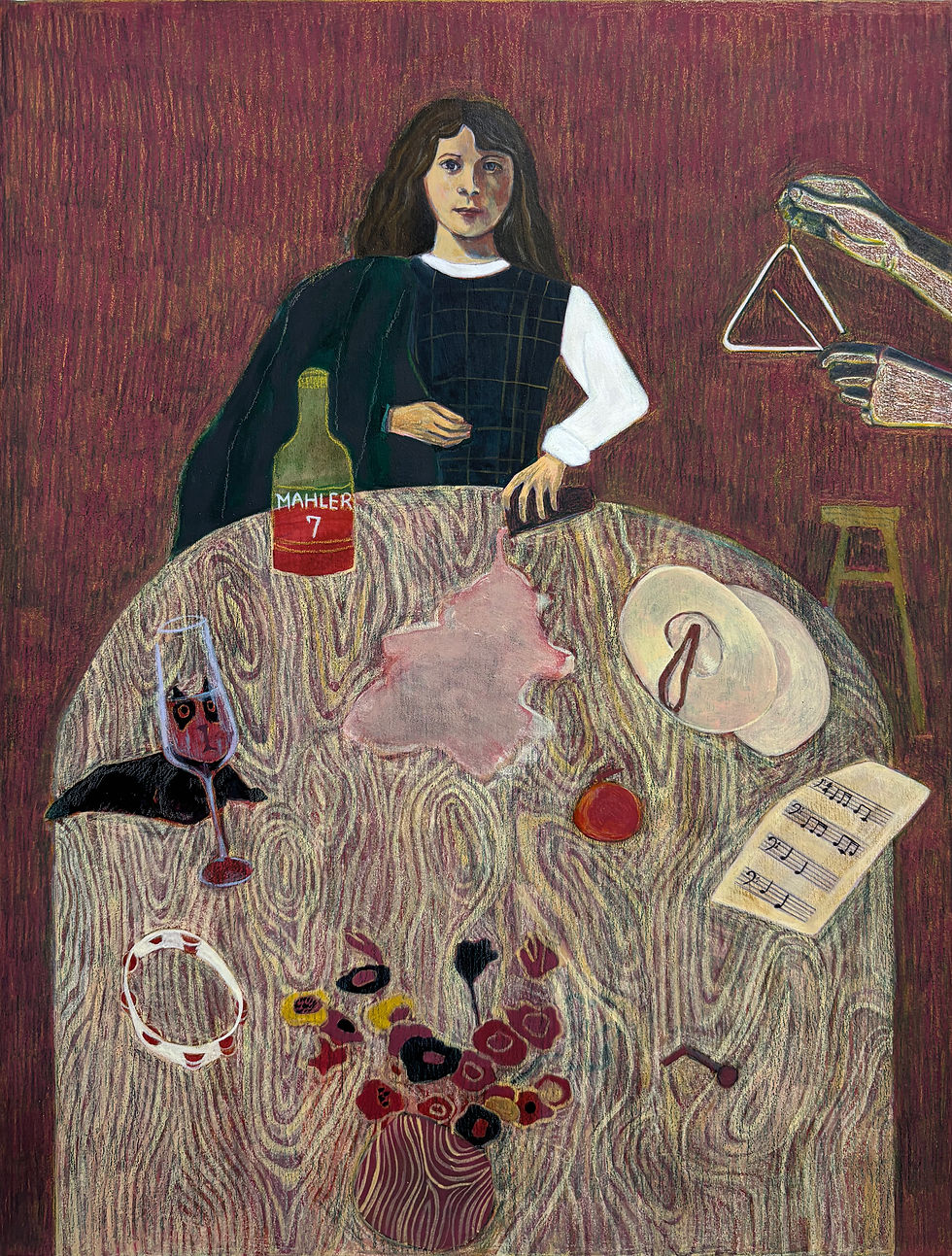 江俊雅作品《敲擊樂與雞尾酒》,2026年,壓克力、木顏色、木板,40.5 x 30.4 x 2 厘米。