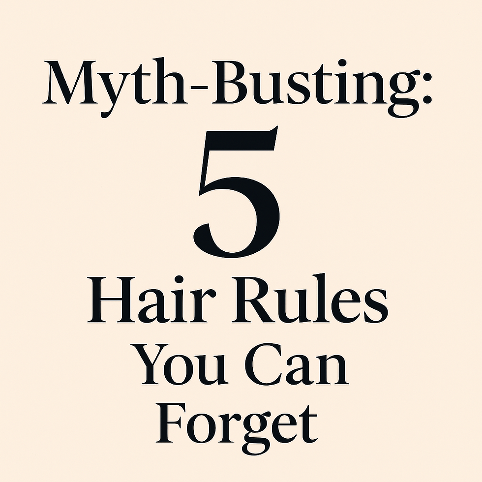 Digital graphic cover image titled “Myth-Busting: 5 Hair Rules You Can Forget,” designed in a modern neutral-toned style.
