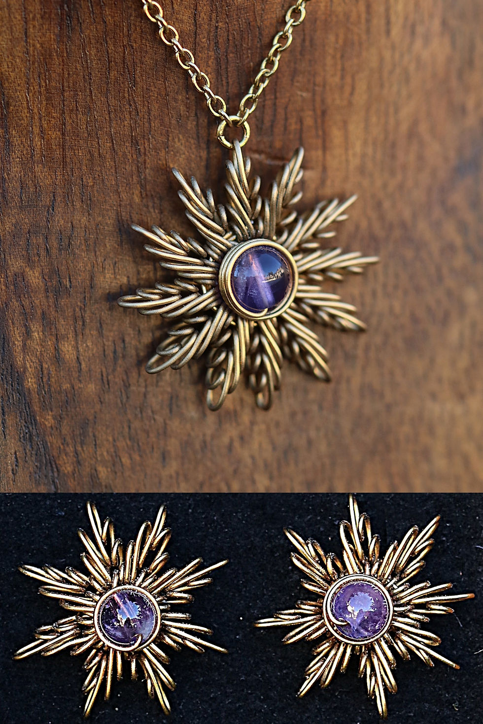 Miniature : Parure collier et puces d'oreilles soleil doré