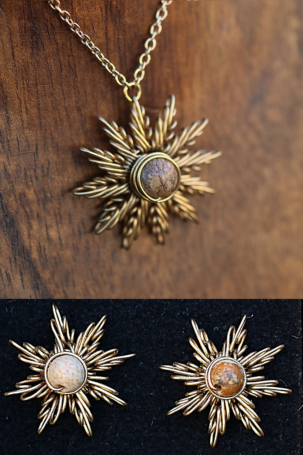 Miniature : Parure collier et puces d'oreilles soleil doré