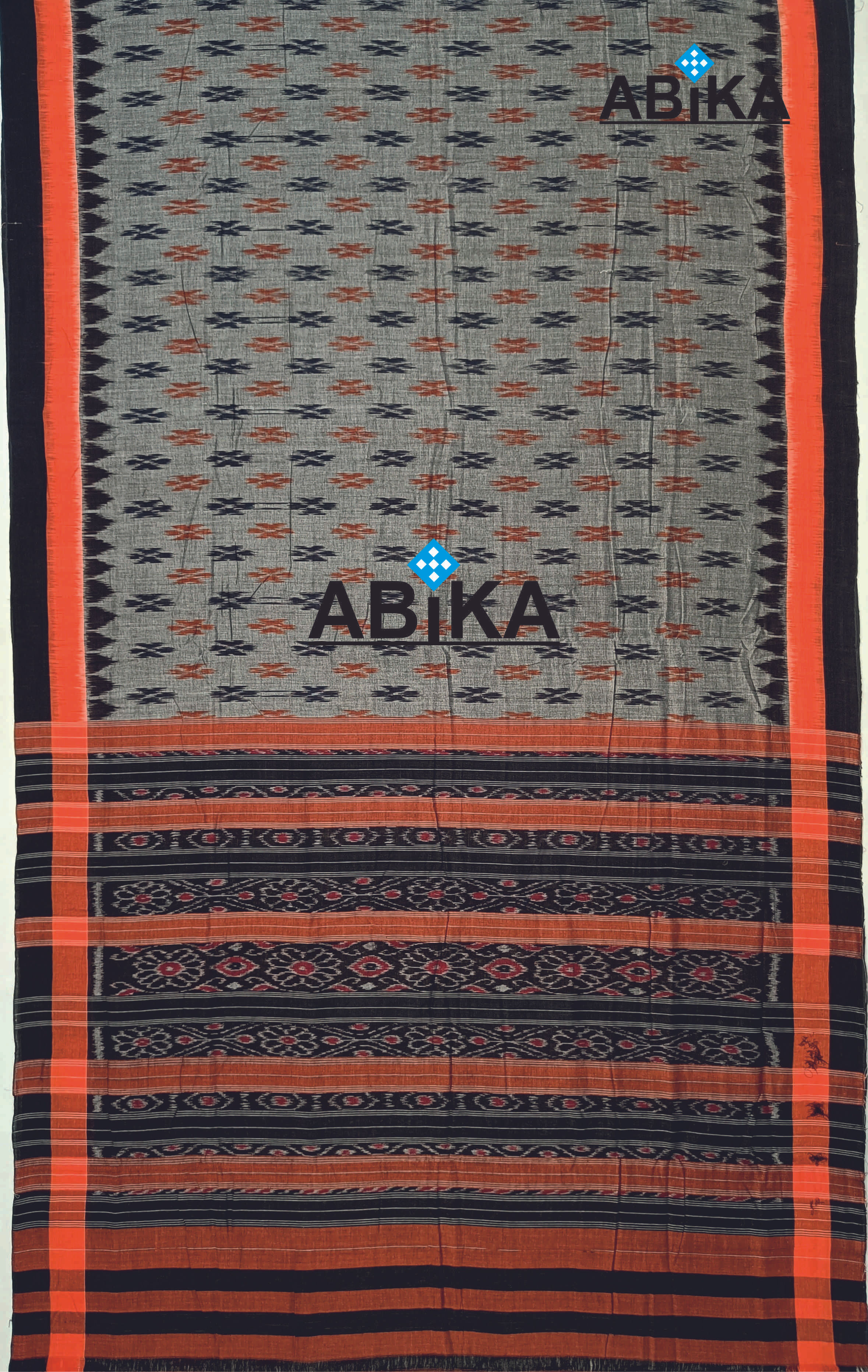 ABiKA Dark Gray Body, Black Orange Double Border Body Bandha Cotton Saree