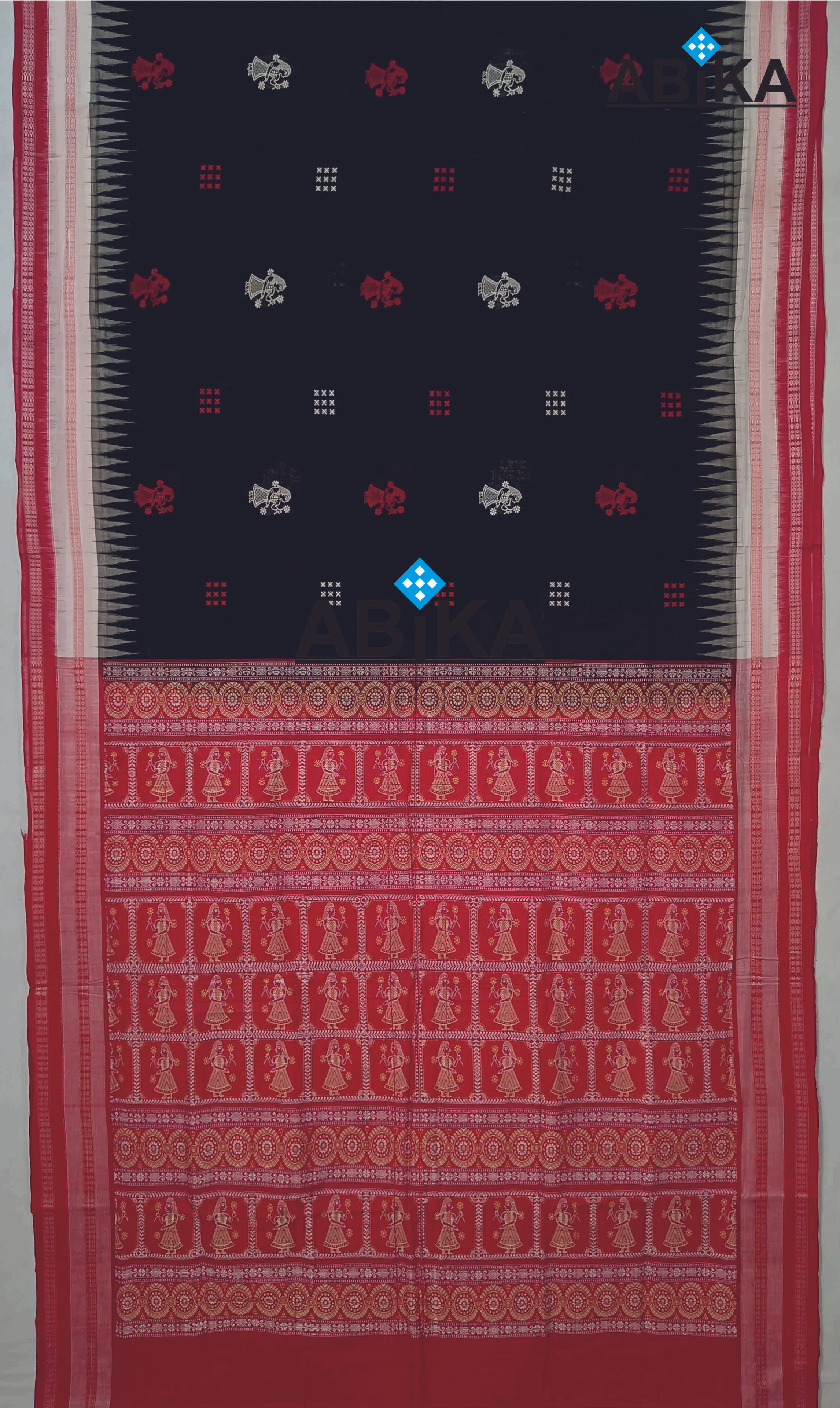 ABiKA Black Body, Red White Double Border Doll Bomkai Cotton Saree