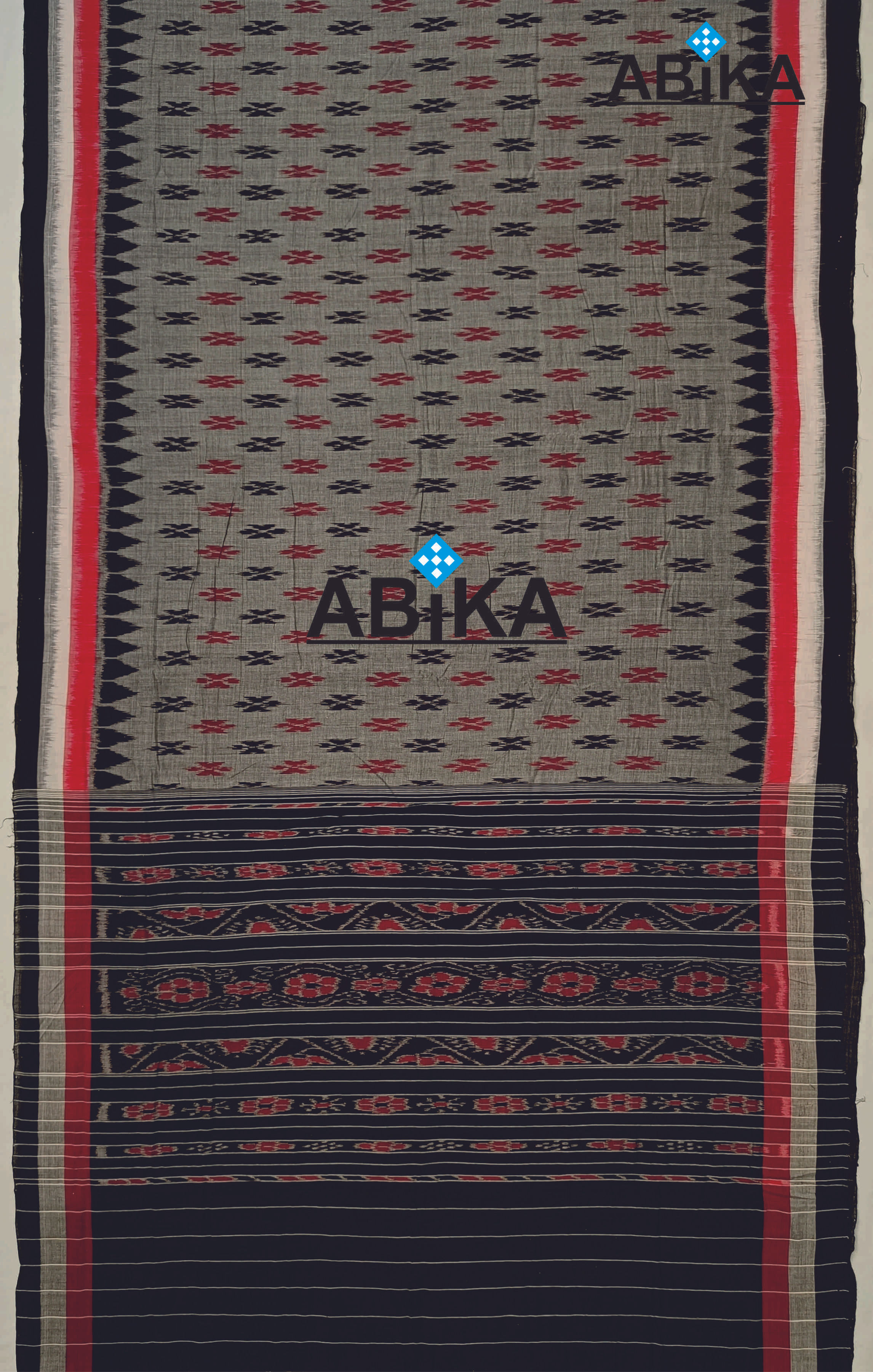 ABiKA Dark Gray Body, Black Red White Triple Border Body Bandha Cotton Saree