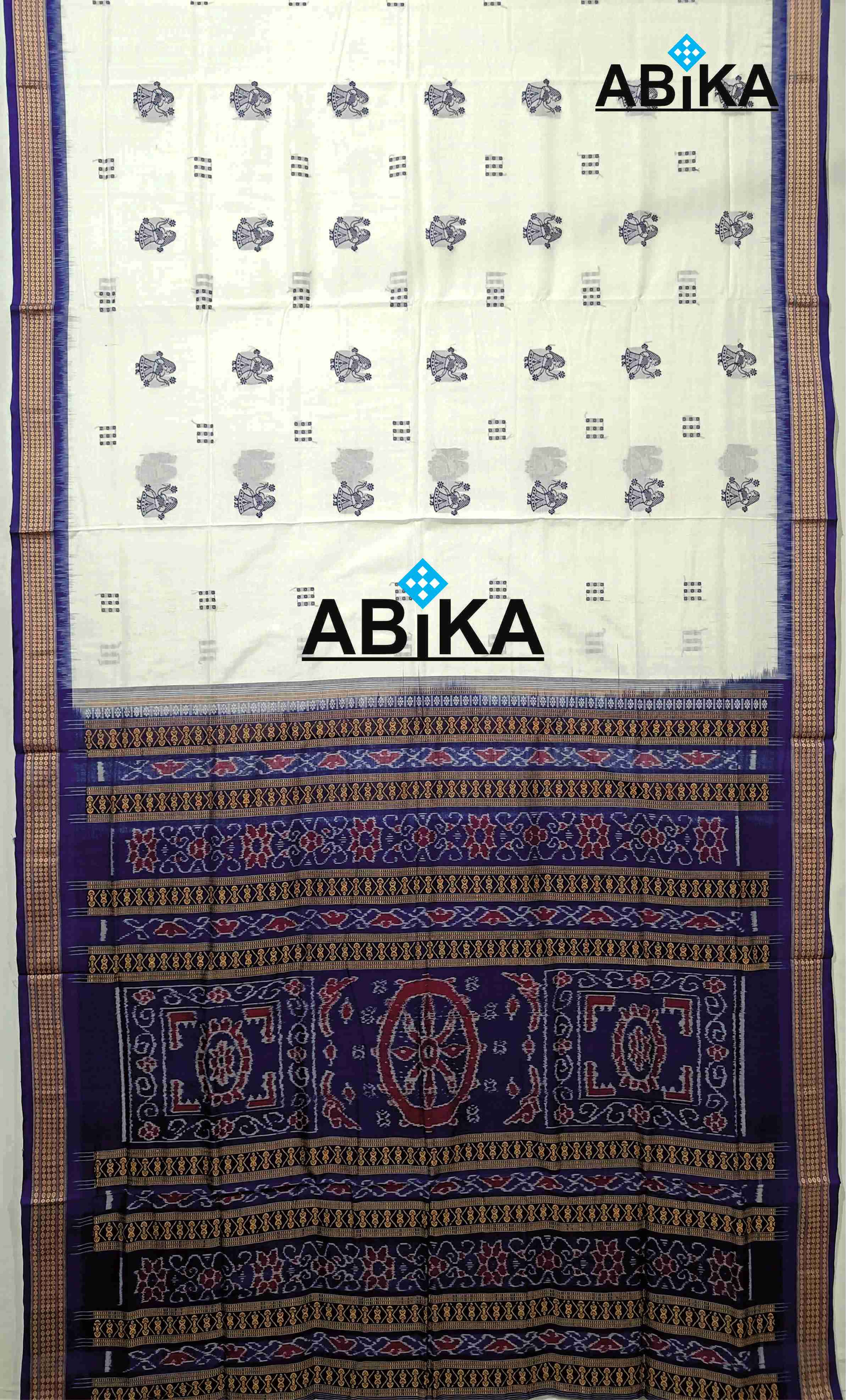 ABiKA White Body, Blue Border Doll Bomkai Cotton Saree
