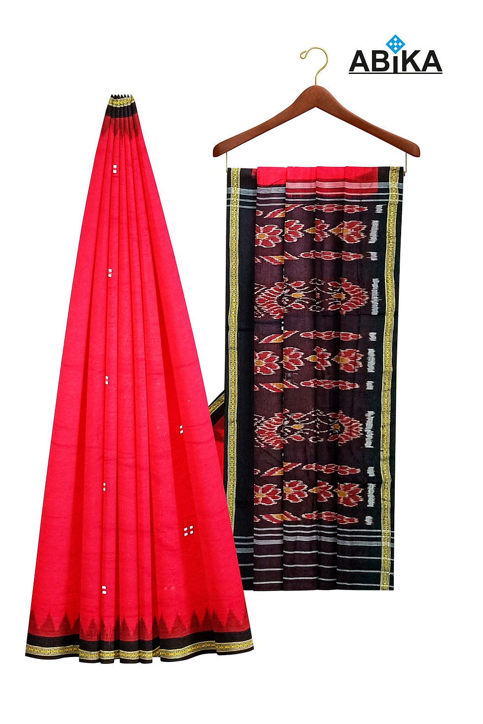 Thumbnail: ABiKA Red Body, Black Ekphulia Border Cotton Saree