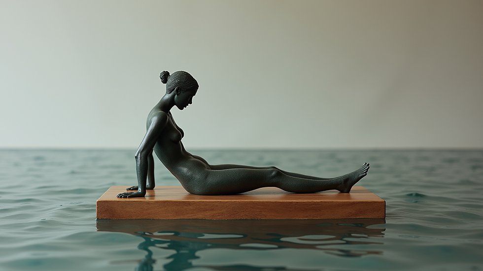 Vue en plongée d'une sculpture en bronze posée sur un socle en bois